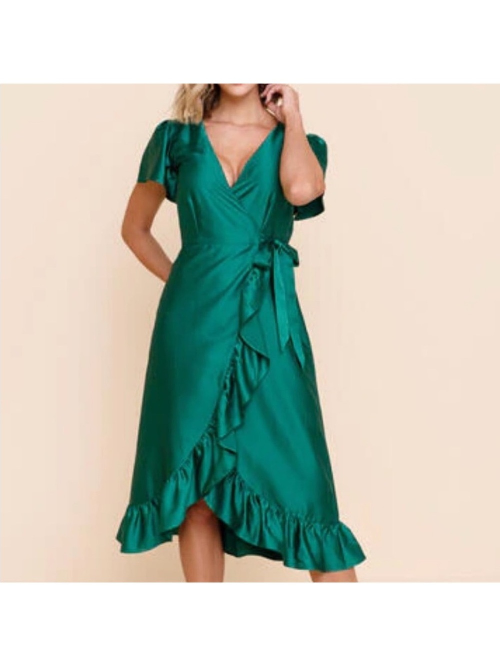 Francesca’s Collections: Emerald Wrap Midi Dress with Ruffle Trim